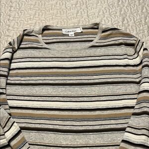Calvin Klein Striped Crewneck in Gray, White & Brown